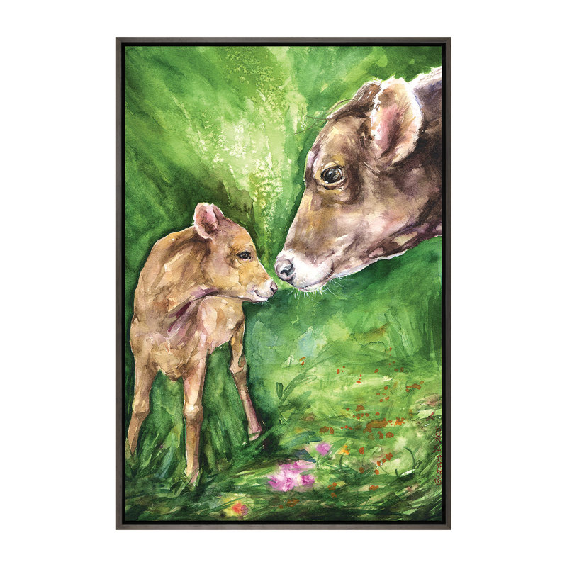 Vache et bébé, décoration murale pour enfants, H 60 po x l 40po x P 1,5 po, Toile avec cadre gris foncé rustique