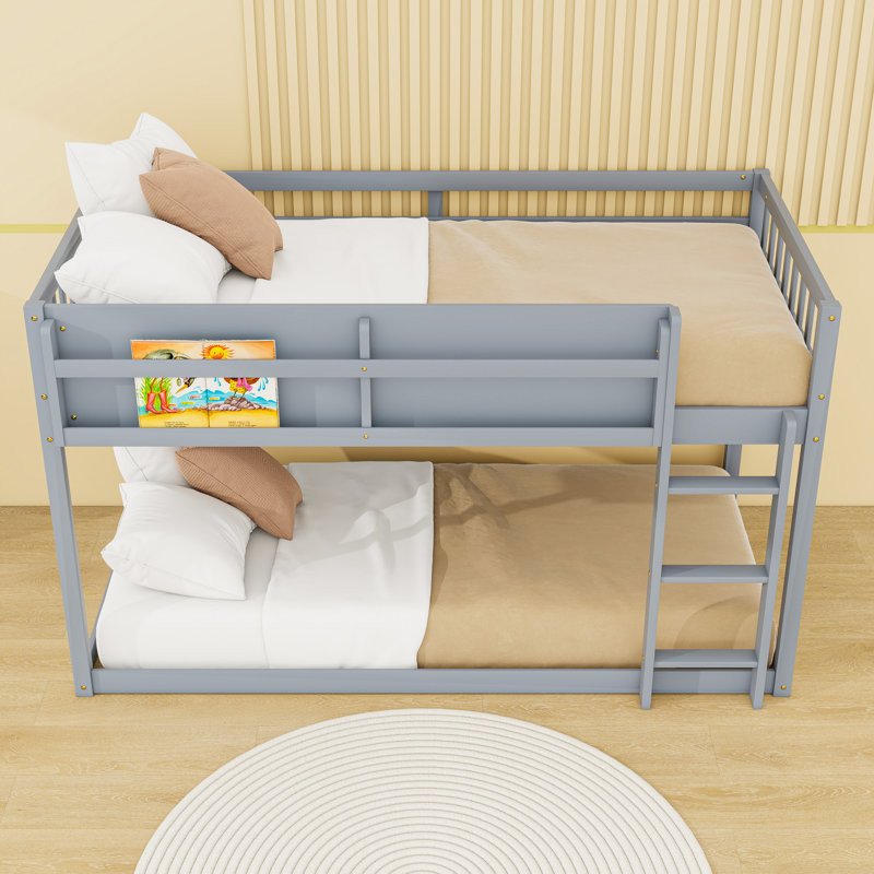 Wood Floor Bunk Bed With Ladder, Gray