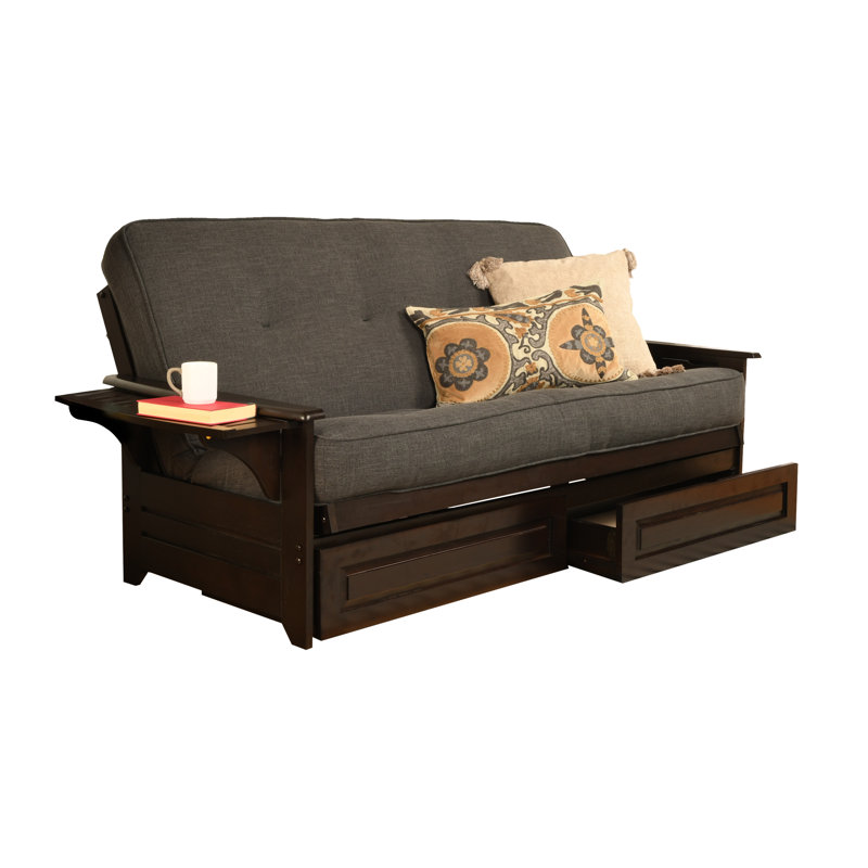 Johnte Full 80" Futon Frame and Mattress with Drawer set, Espresso, Linen Charcoal Microsuede, Innerspring