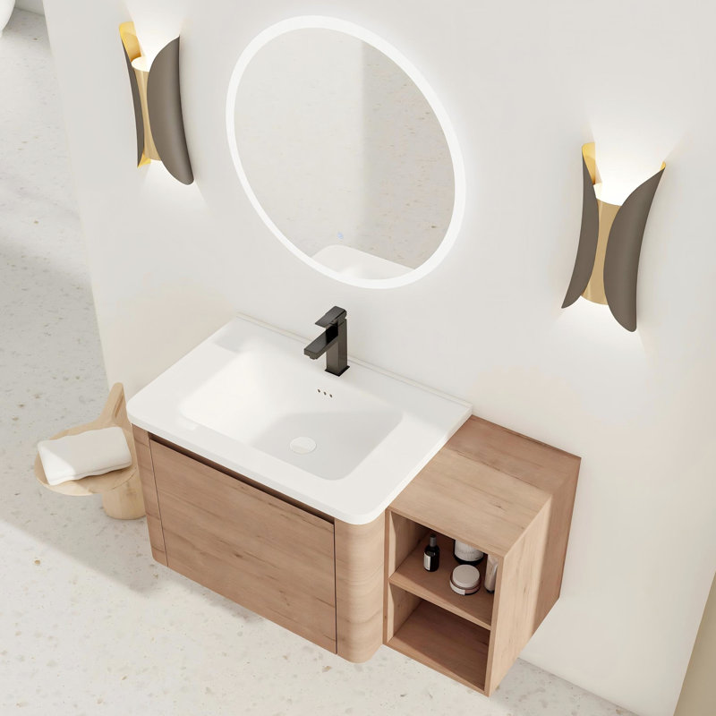 Ensemble de meuble-lavabo mural 40 po avec tablettes en céramique blanche, 1 porte à fermeture en douceur, emballage Kd, conception en contreplaqué, charnières à fermeture silencieuse, bordures d'armoire arrondies