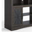 Meuble télé Lorraine de style ferme, brun, 120 cm de large, avec étagères réglables, portes vitrées et éclairage LED.