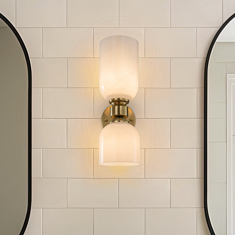Vintage Brass 2-light Wall Sconce With Milky Glass Shades Dimmable Vanity For Bathroom Or Hallway