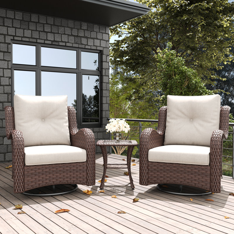 LayinSun 3 Pieces Swivel Gliders Patio Chairs Set With Side Table, Beige, Brown