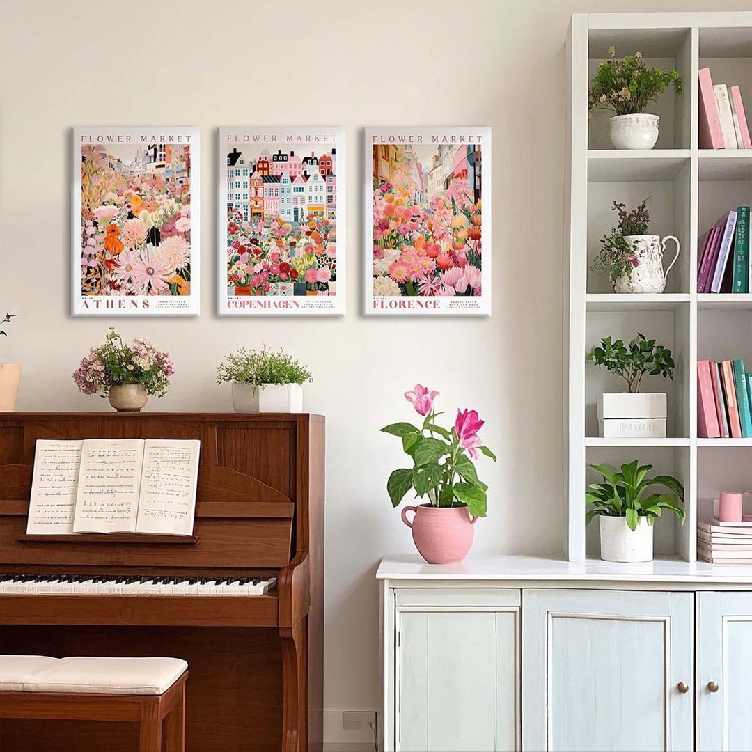 Flower Market Wall Art Print Canvas Framed Pink Floral Paintings Colorful Botanical Sunflower Artwork Travel Poster For Decor Picture 3 Pieces For Liv