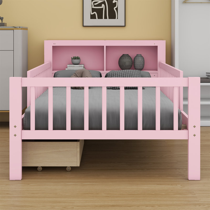 Lit avec support de tête de lit, deux tiroirs sous le lit, trois barrières de sécurité pour plus de sécurité, Rose