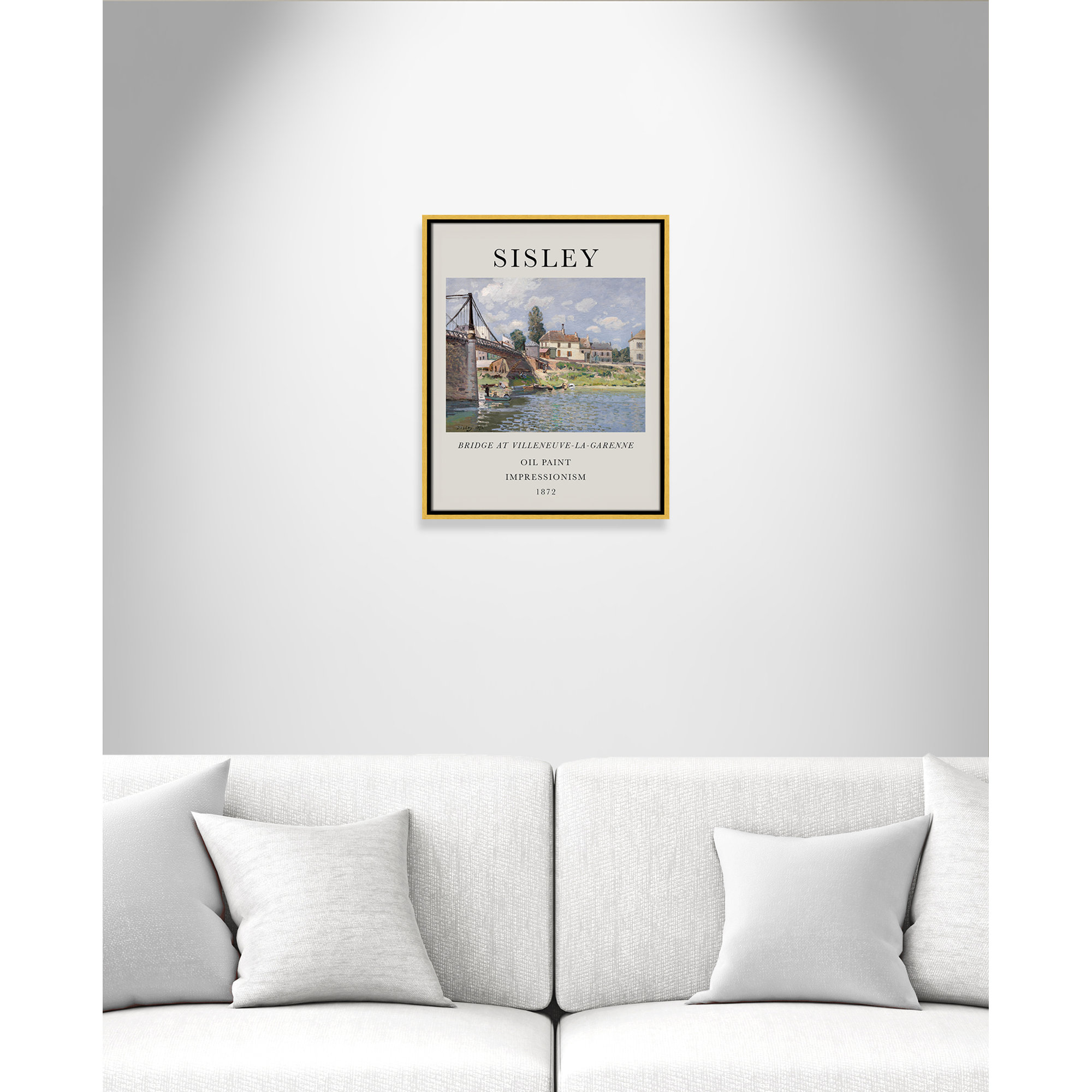 Old Masters Collection " The Bridge At Villeneuve " by Alfred Sisley, Gold Floater Frame, No, 41.5" H x 31.5" W x 2" D