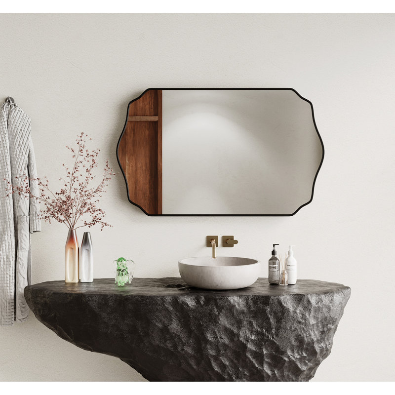 Scalloped Mirror Irregular Wall Mirror Unique Rectangle Mirrors for Bathroom，Entryway, 36" x 24", Black