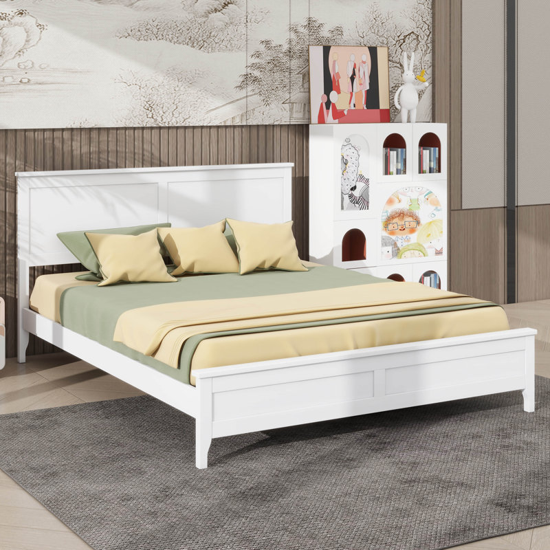 Simplistic Panel Bed Frame With Sturdy Wooden Slats Support, White, Queen