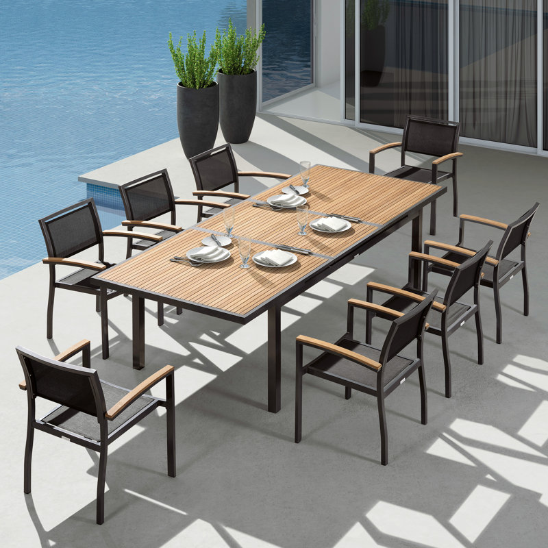 Heck Rectangular Outdoor Dining Set with Extension Teak Tabletop, 8, Dark Charcoal, 30.3" H x 95.7" W x 39.4" D