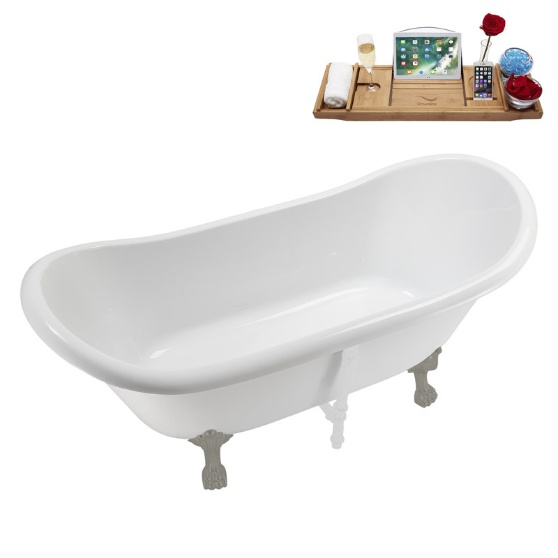71" Streamline Clawfoot Tub,Tray,Drain and Clawfeet, Brushed Gun Metal, Glossy White