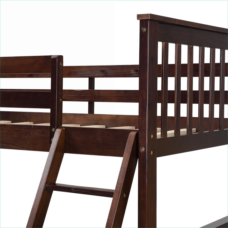 Lit double superposé au-dessus d'un lit double en bois massif avec rangement pour enfant brun chaud et échelle intégrée