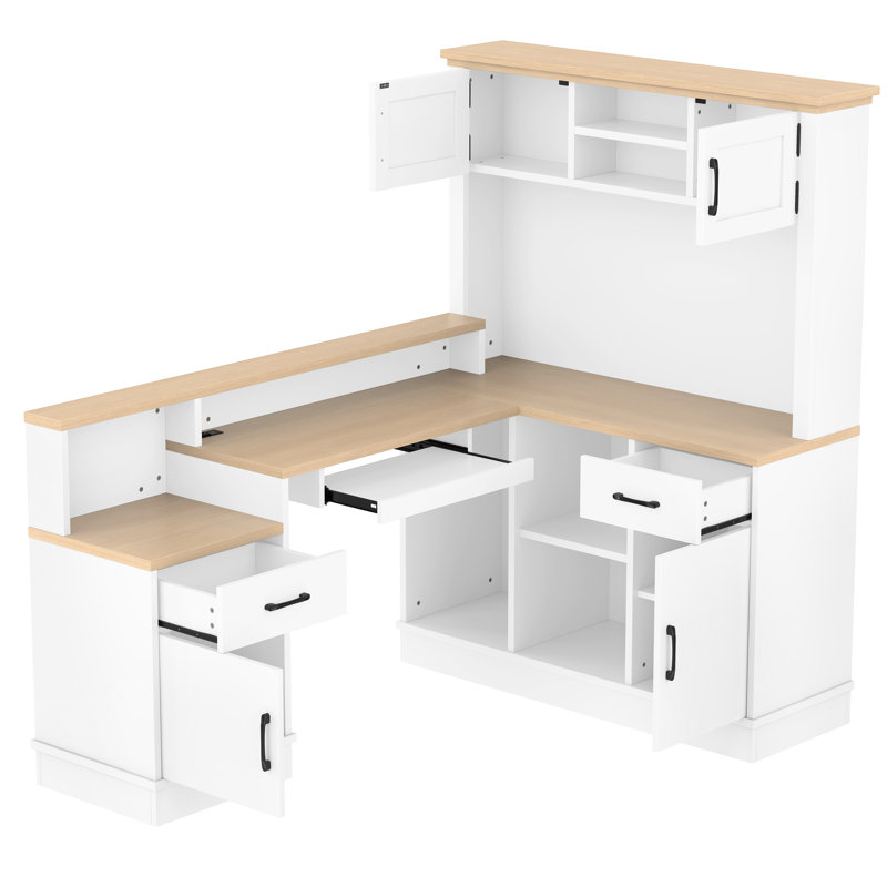 Bureau en L avec prises de courant, tiroirs et bibliothèque - ordinateur d'angle moderne et table d'étude avec rangement, blanc