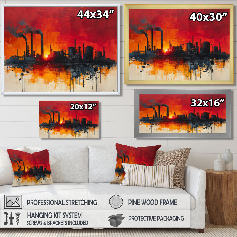Jaune, rouge, production, Power Factories I - Art mural, Toile encadrée noire simple, H 24 po x l 32 po x P 1 po