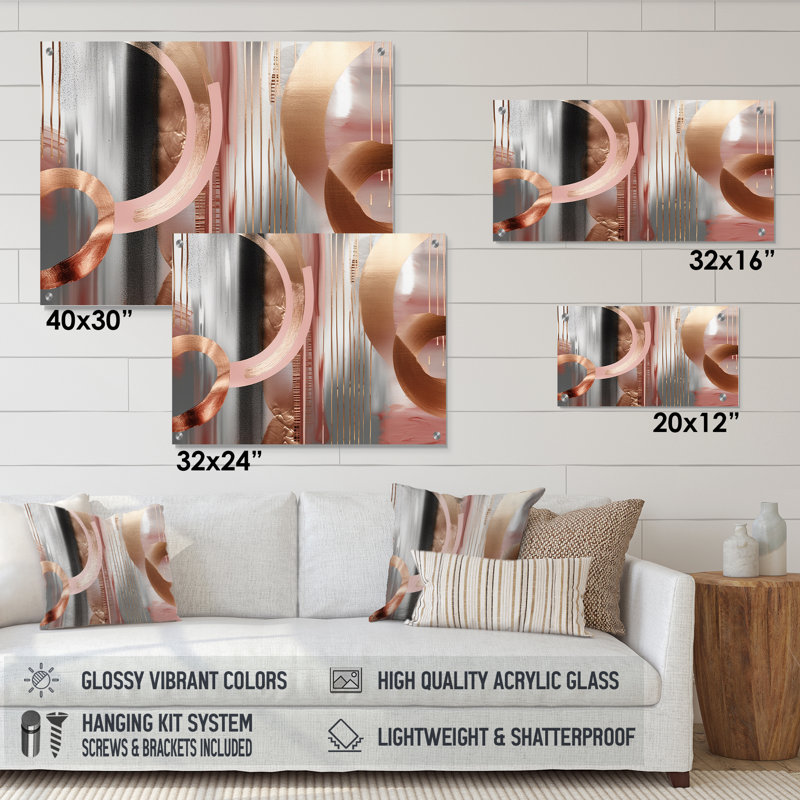 «Pink Rosegold Circle Chaos V», formes abstraites modernes, art mural acrylique transitionnel, H 30 po x l 40 po