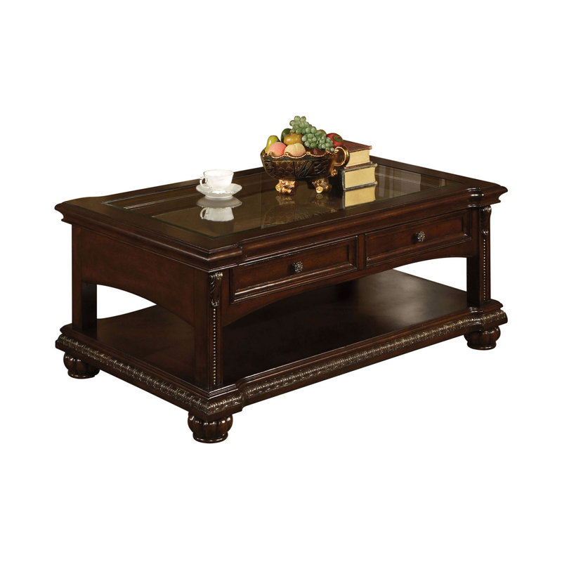 Table basse à 2 tiroirs Cawthon avec tablette inférieure, couleur cerise, bois, plateau de table en verre avec bord en bois, rectangulaire