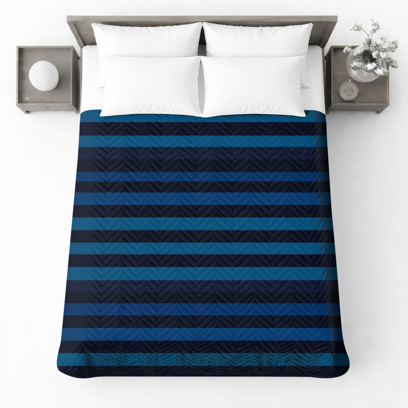 Blue Black Stripes Quilted Bedspread , Queen