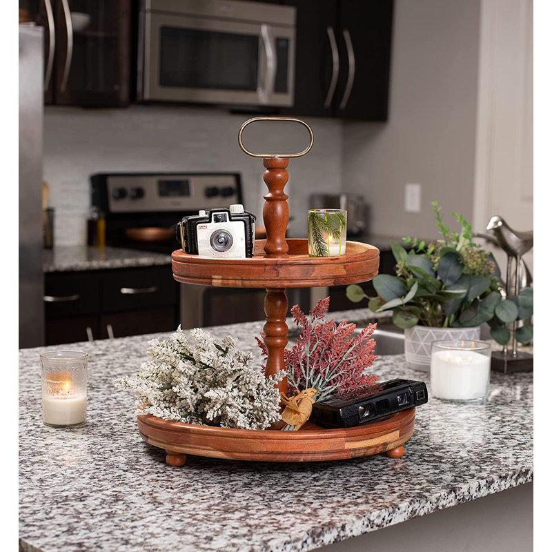 BIRDROCK HOME 2-Tier Farmhouse Serving Tray With Handle - Espresso
