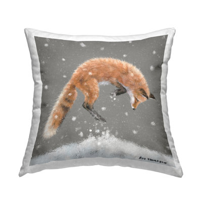 Jumping Fox Snowy Winter Scene Printed Throw Pillow Design By Roy Thompson