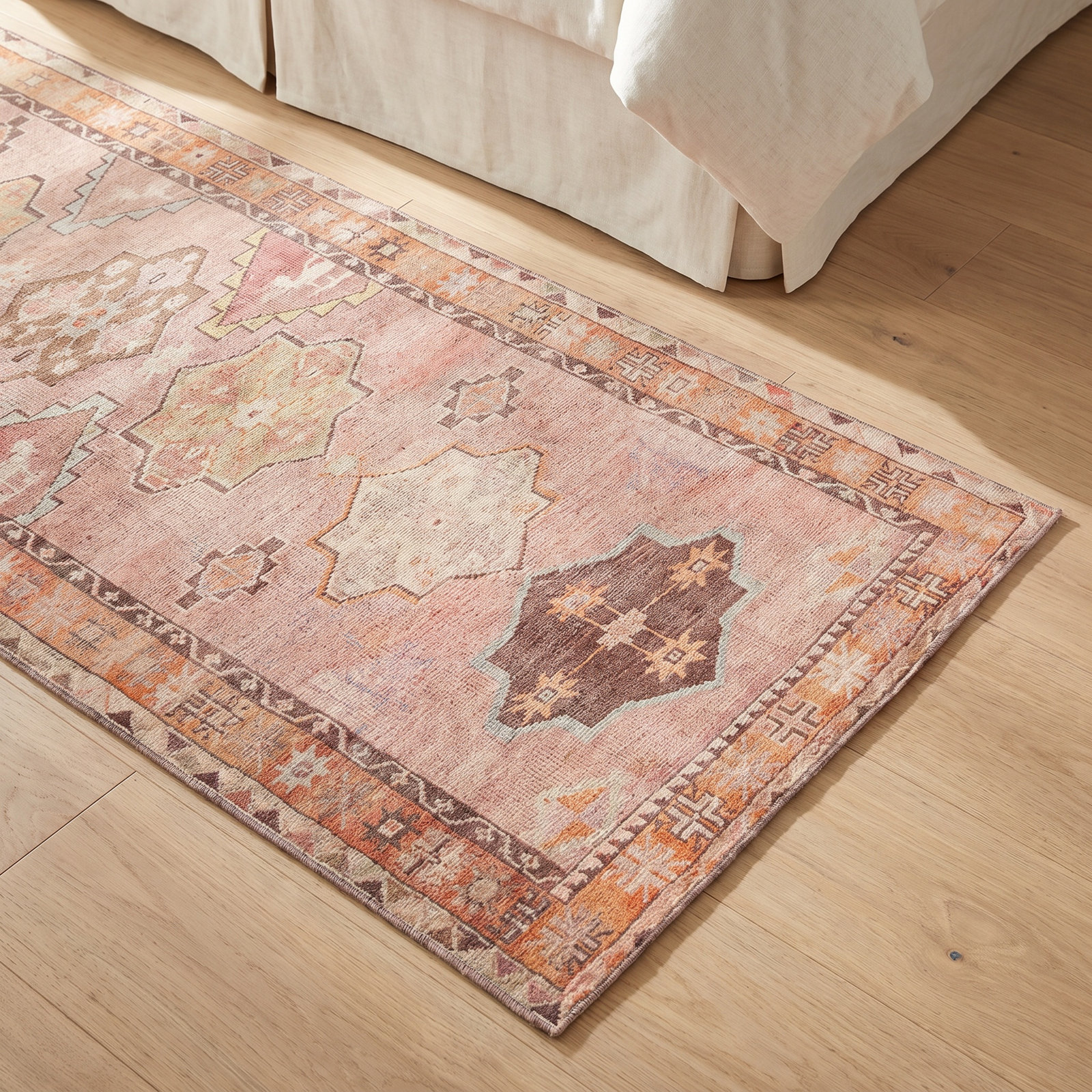 Orange Pink Brown Washable Oriental Rug, Runner 3' x 8'