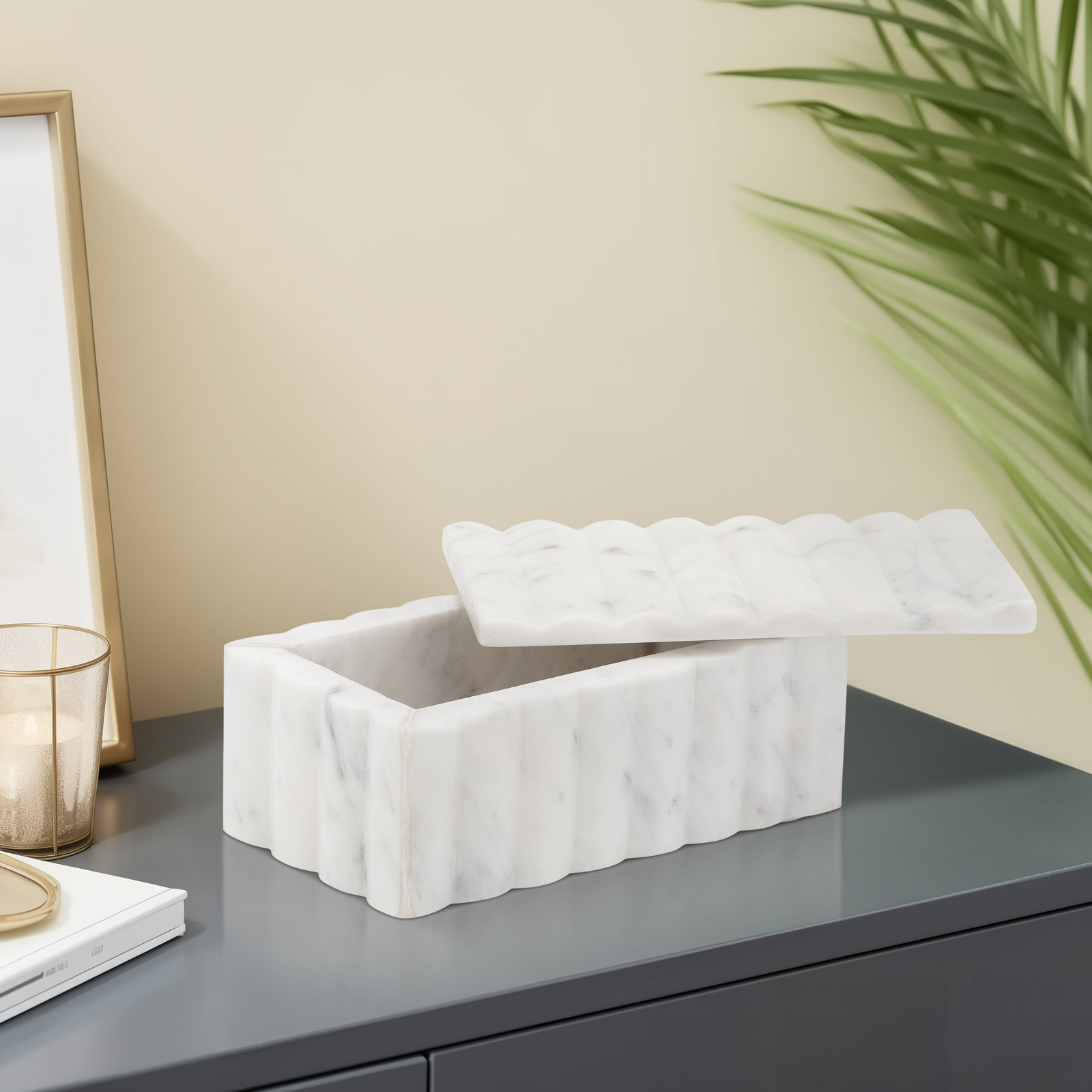 Textured Marble Storage Box, White