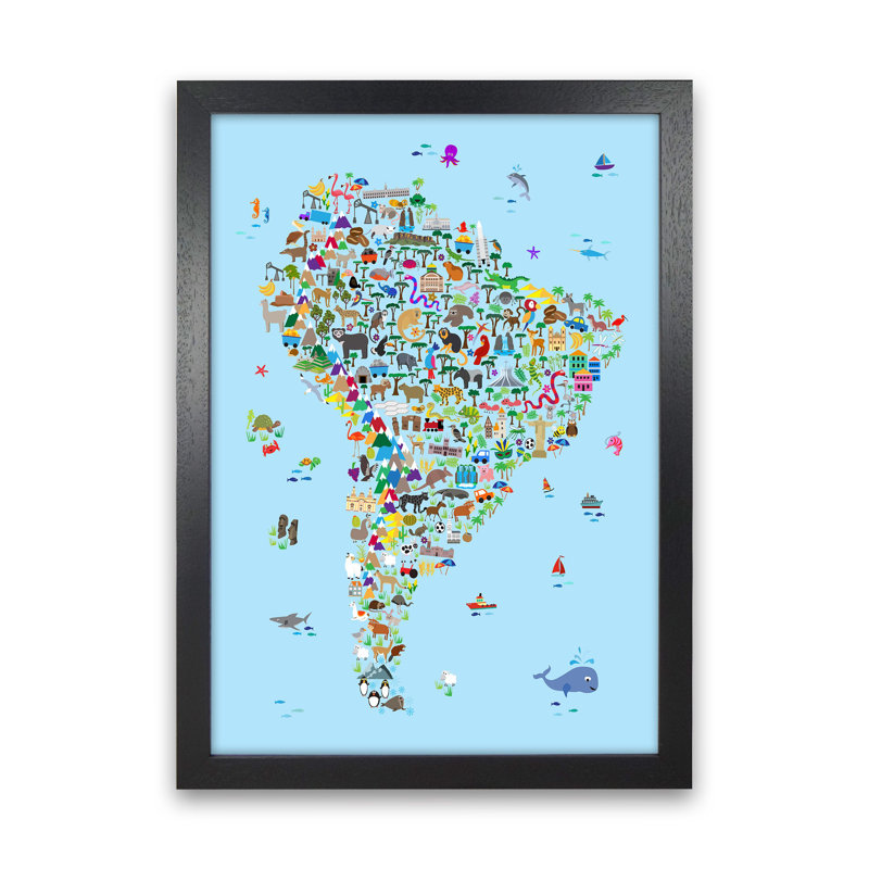 Animal Map Of South America by Michael Tompsett - Print, Black Framed, 34cm H x 25cm W x 3cm D