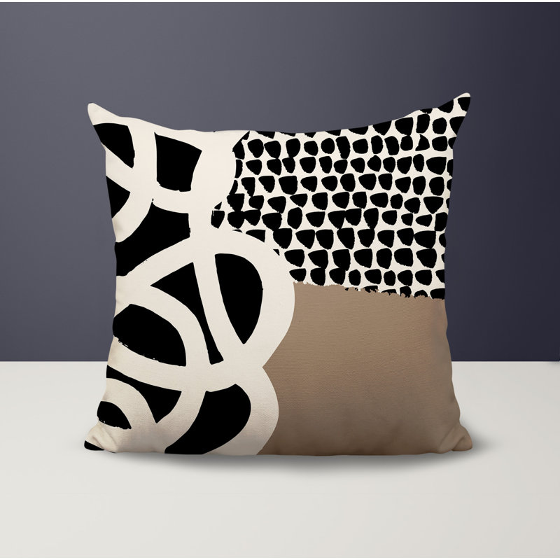 Oreiller carré réversible intérieur / extérieur Deo, H 19 po x l 19 po, Beige / noir / blanc cassé abstrait