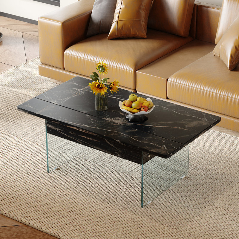Table basse à plateau relevable avec pieds en verre robuste, Noir