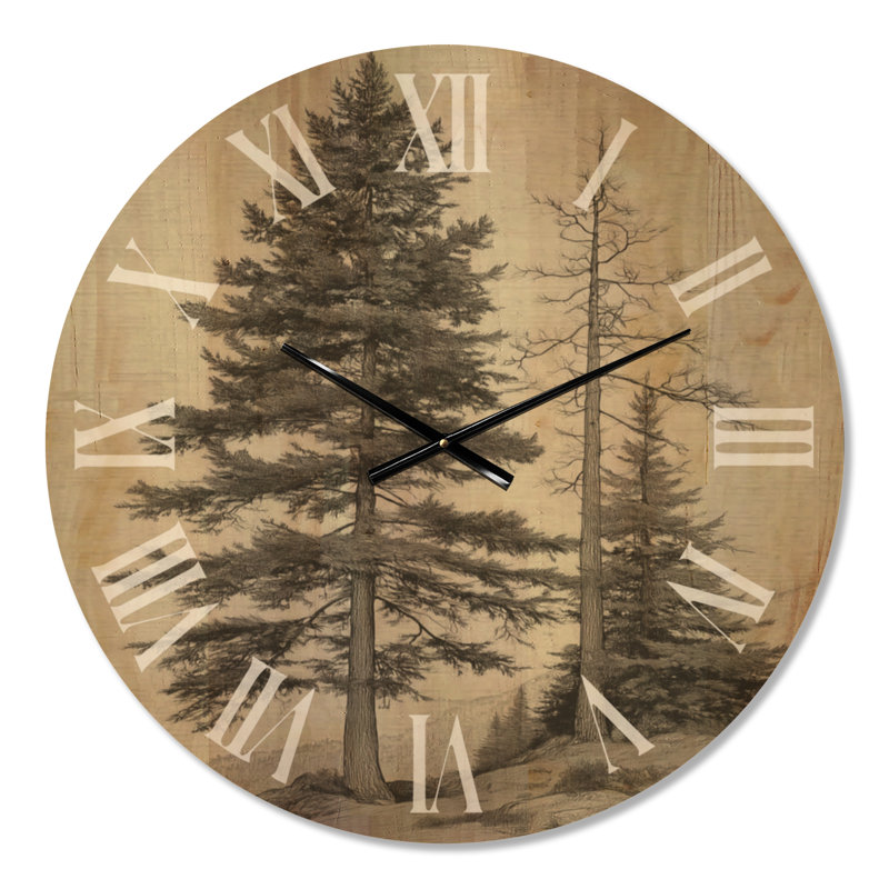 Grande horloge murale botanique - pin rétro sur une montagne, imprimé sur bois, Medium