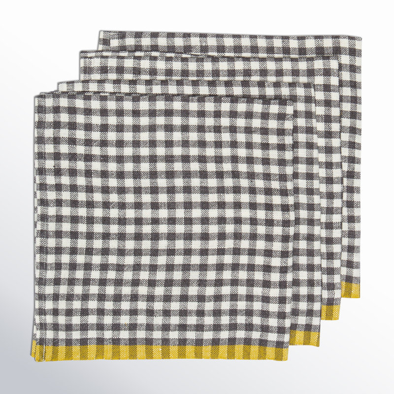 Gingham Linen Square Napkins, Natural with Dijon Trim