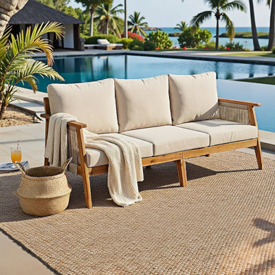 74.8" Outdoor Acacia Wood and Rope 3-Seater Patio Sofa, Modern Wicker-Style Conversation Sofa with Water-Repellent Cushions, Deep Seating for Garden Backyard Deck, Removable Covers