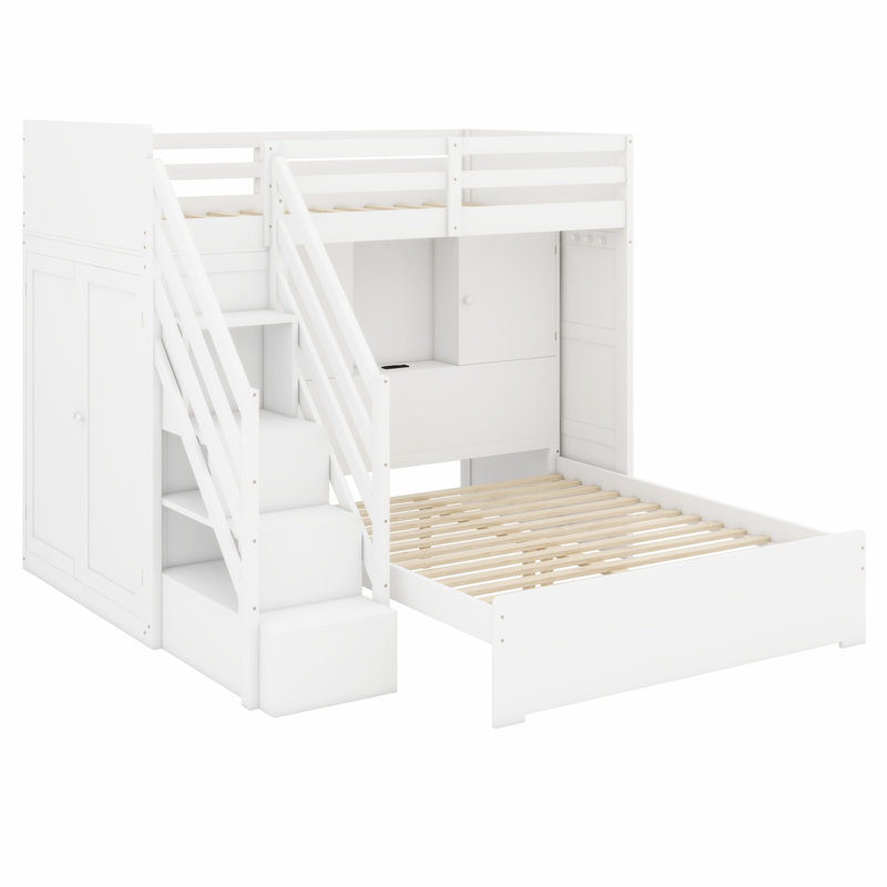 Kids Bunk Bed with Storage Stairs, Wardrobe, USB and LED Light for Bedroom, White