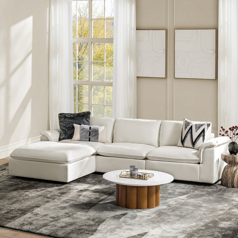 Cioffi Oversized L Shaped Modular Cloud Sectional Sofa with Removable Cushion Cover, Ivory, 3, 34.5" H x 122" W x 73" D