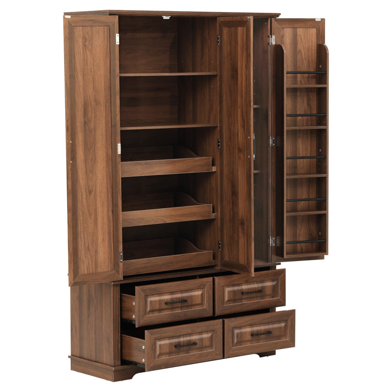 Armoire de cuisine de 183 cm (72 po) avec 3 plateaux coulissants, style campagnard, aspect bois gaufré, 5 étagères de porte, armoire rustique autoportante pour la cuisine ou la salle à manger, couleur noyer brun