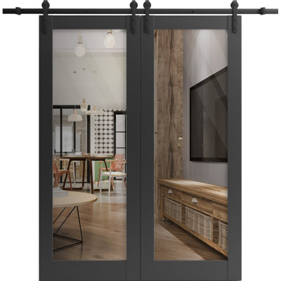 Sturdy Double Barn Door with Clear Glass Lucia 2166 Matte Black 13FT Rail Hangers Heavy Set Solid Panel Interior Doors-36" x 96" (2* 18x96)-Clear Glass-Black Rail