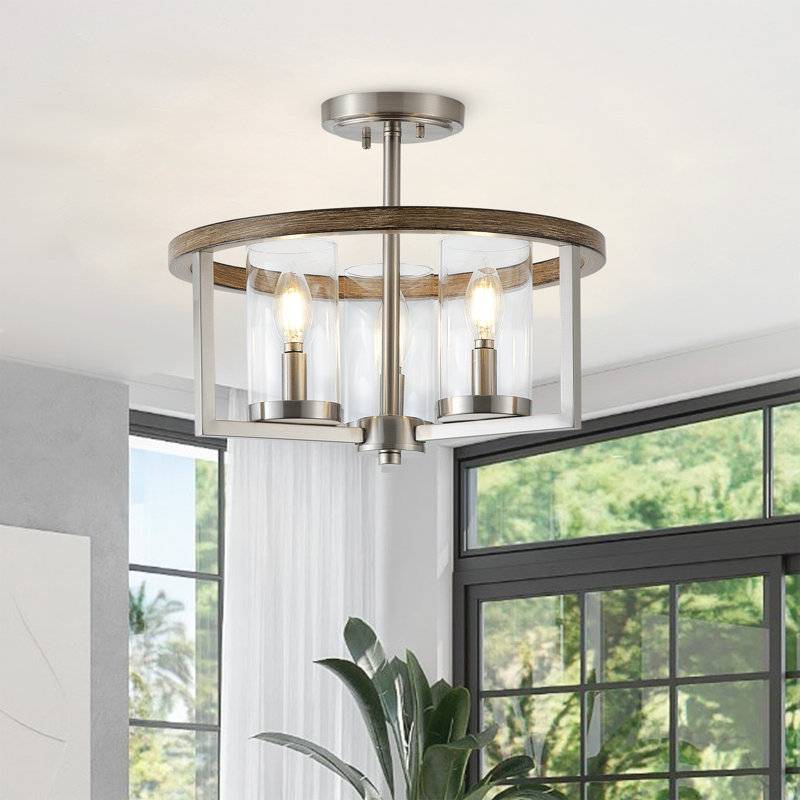 3-Light E12 Semi-Flush Ceiling Light, Nickel Metal with Clear Glass, Dimmable, UL Listed