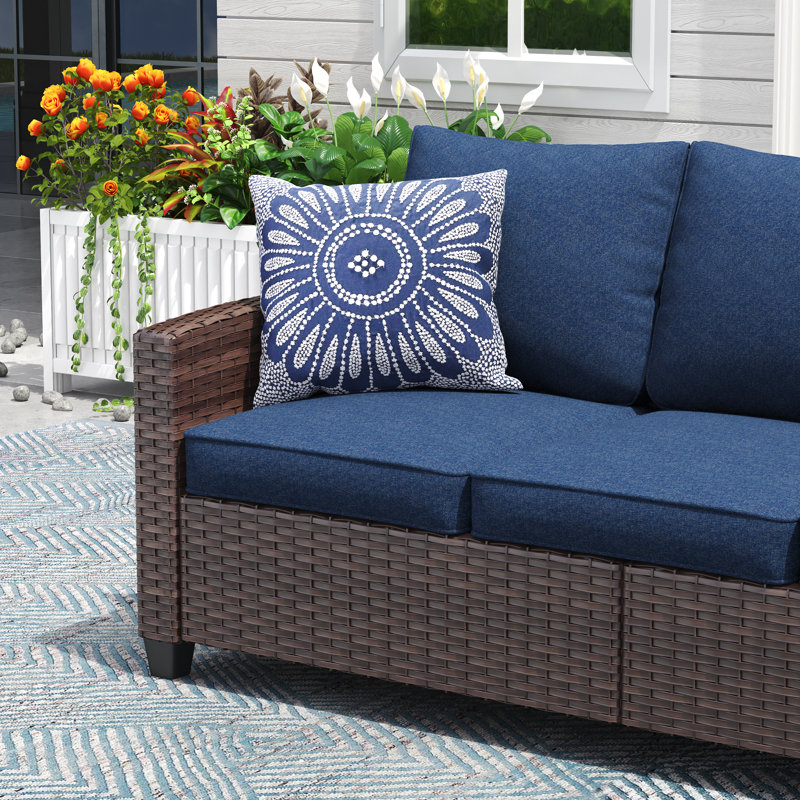 71" Hand-Woven Wicker Outdoor Sofa, Brown, Navy
