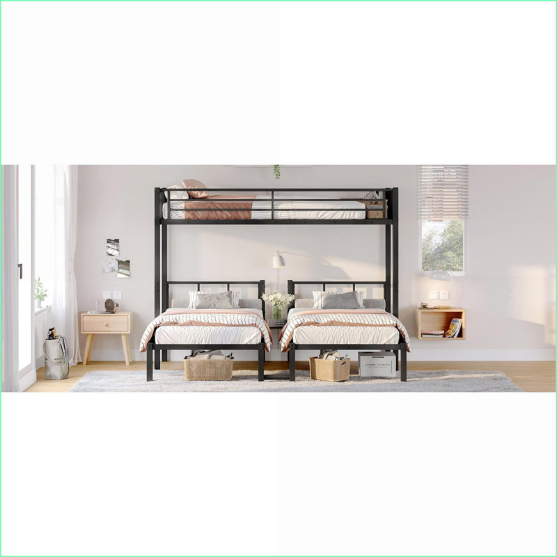 Twin/Twin/Twin Metal Triple Bunk Bed, Detachable Space-Saving Frame with Shelf &amp; Table, Black, Black