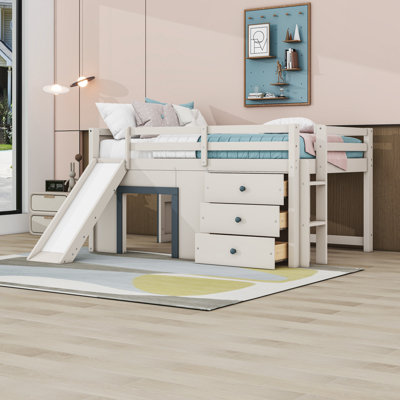 Lit mezzanine double en bois avec glissoire et 3 tiroirs
