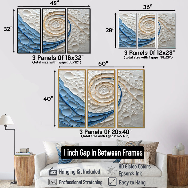 Spirales abstraites dans des tons blancs et bleus II - ensemble de reproductions d'art abstrait spirales murales