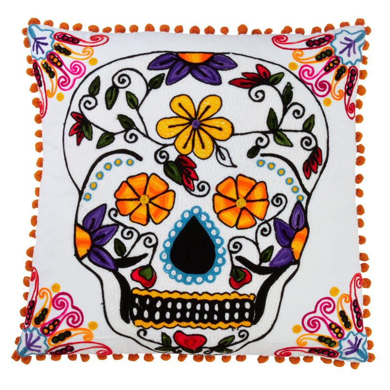 White 18" Square Sugar Skull Embroidered Pillow Cover