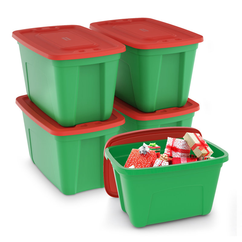 18-Gallon Storage Bins with Lids, Set of 4 – Red & Green Multi-Purpose Totes for Holiday Decor, Winter Gear, Bedding, and Year-Round Home Organization
