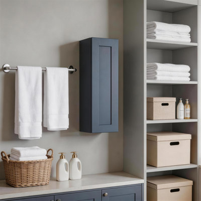 Armoire murale 15 po en bois massif bleu marine avec 2 tablettes réglables prêtes à assembler pour la cuisine, la salle de bain, la buanderie et le garage