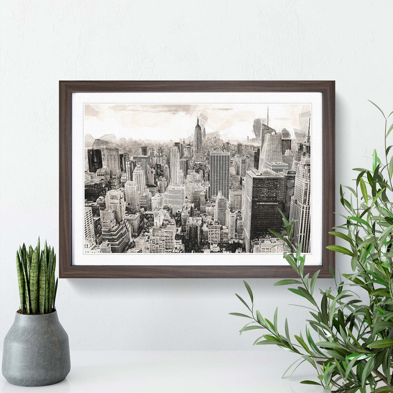 A New York Skyline in Abstract - Picture Frame Graphic Art Print, 27cm H x 36cm W x 2cm D, Walnut Framed