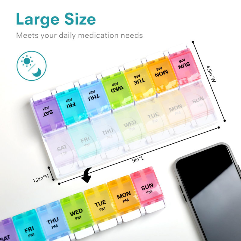  AM PM Weekly 7 Day Pill Organizer, Large Pill Cases with Push Button Design
