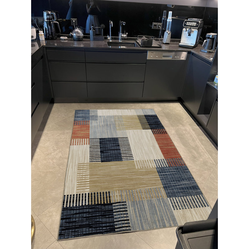 Tapis décoratif à rayures carrées beige et bleu, Rectangle 4 pi 11 po x 9 pi 10 po