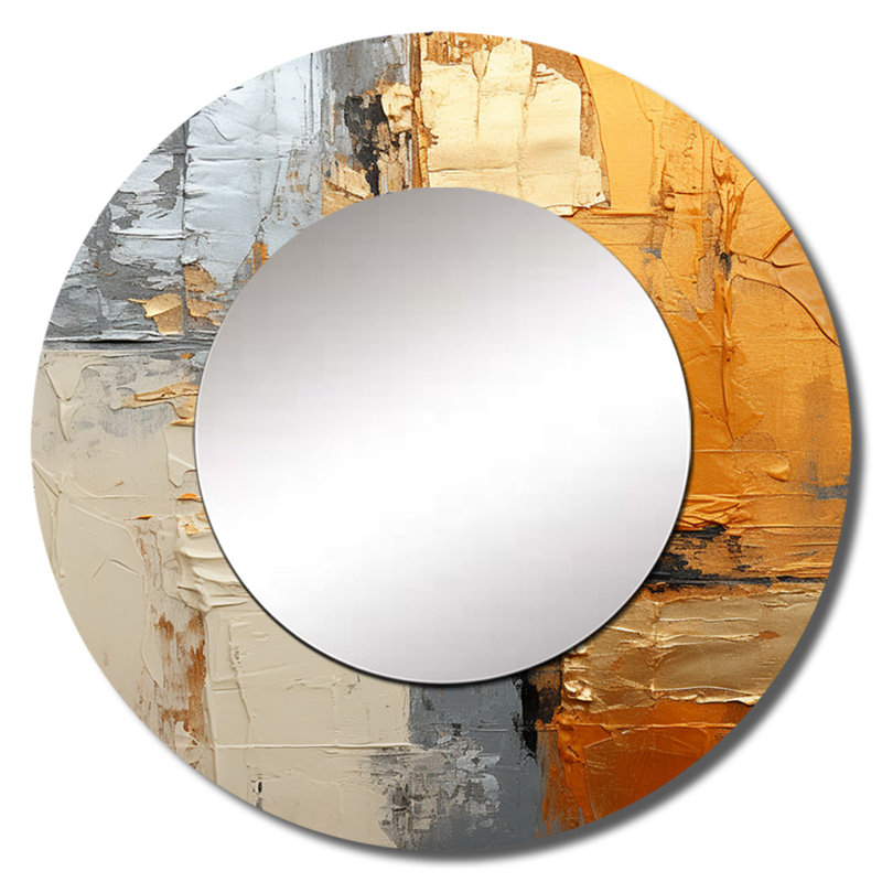 Gold Grey Gleaming Geometry XV - Abstract Collages Large Mirror, Modern Round Unique Wall Mirror Decor, Printed Metal Art