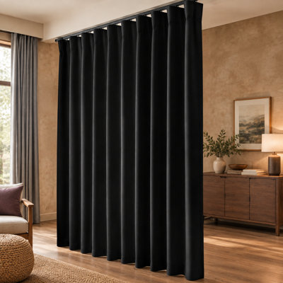Extra-wide black blackout floor-to-ceiling room-divider curtain with hooks for wall-mount, sliding-door, and ceiling-mount room separation; W100 x H84 Inch.