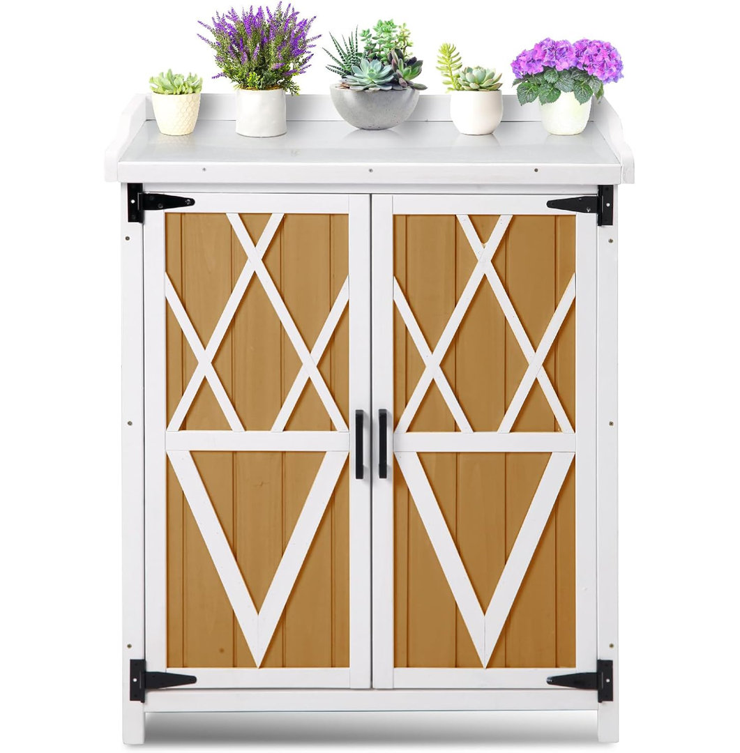 Potting Bench Outdoor Cabinet with Metal Tabletop, Wooden Storage Cabinets Weatherproof Planting Work Benches with Shelf, Doors