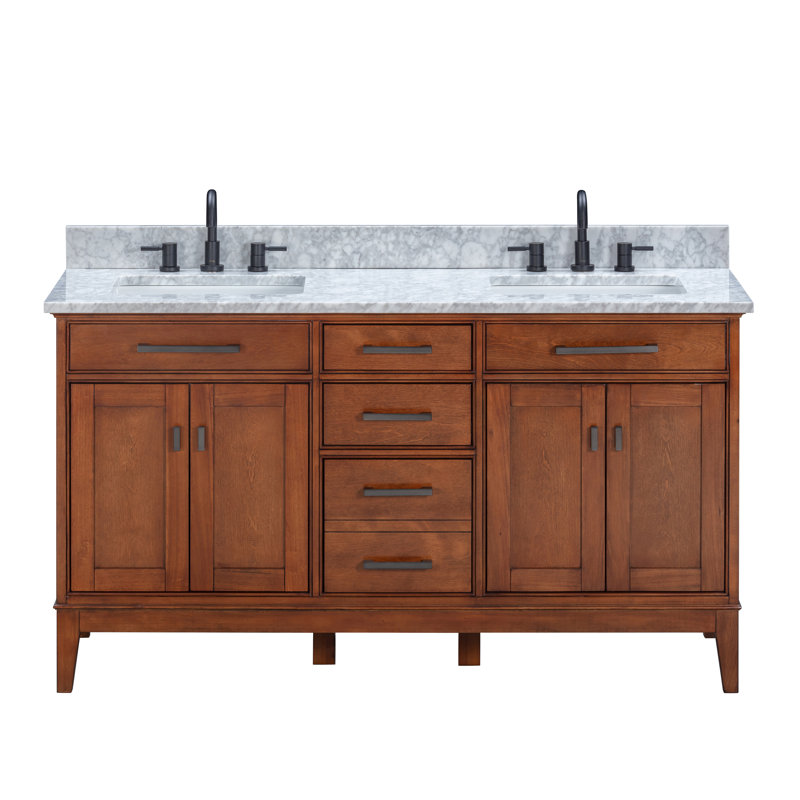 Madison 60" Double Bathroom Vanity with Carrara Marble Top, Carrara White Marble, Tobacco
