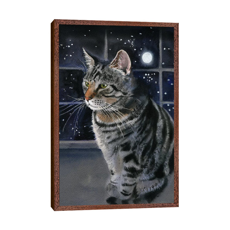 Moon Kitty by Rachel Parker - Painting on Canvas, 66.04 cm H x 45.72 cm W, Classic Brown Wood Framed